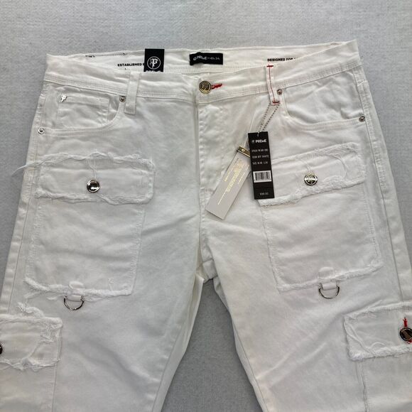 Preme Jeans Mens 40x34 Semi Stacked Fit Cargo Utility White Distressed Denim Y2K - Picture 2 of 15